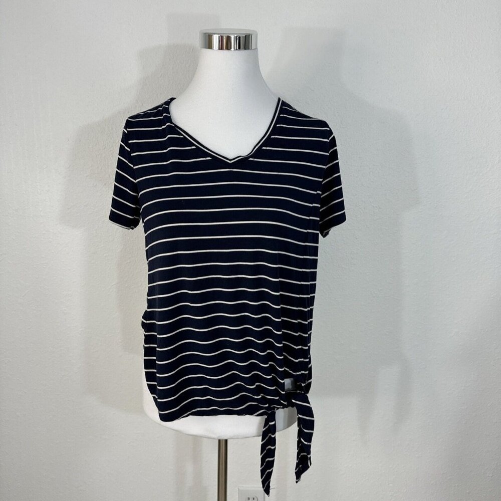 Matty M Womens Blouse S Soft Top Blue White Striped Side Knot Tie V Neck